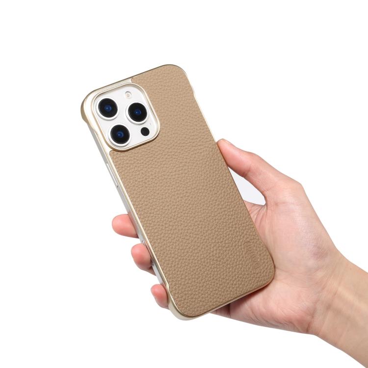For iPhone 15 Pro Denior A20 Genuine Leather Litchi Texture MagSafe Frameless Phone Case(Khaki)
