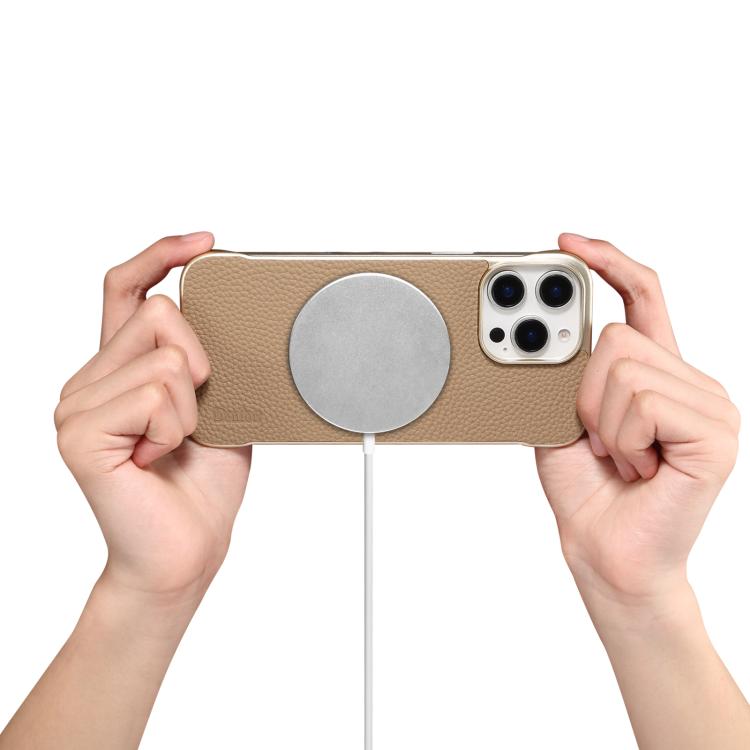 For iPhone 16 Denior A20 Genuine Leather Litchi Texture MagSafe Frameless Phone Case(Khaki)