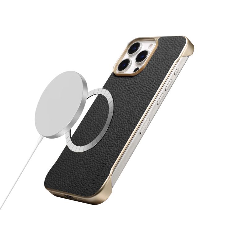 For iPhone 16 Pro Max Denior A20 Genuine Leather Litchi Texture MagSafe Frameless Phone Case(Black)