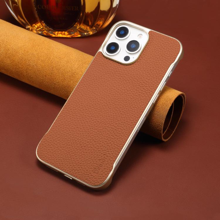 For iPhone 16 Pro Max Denior A20 Genuine Leather Litchi Texture MagSafe Frameless Phone Case(Brown)