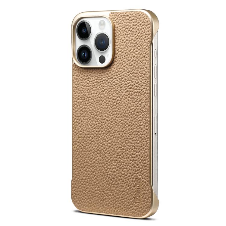 For iPhone 16 Pro Max Denior A20 Genuine Leather Litchi Texture MagSafe Frameless Phone Case(Khaki)