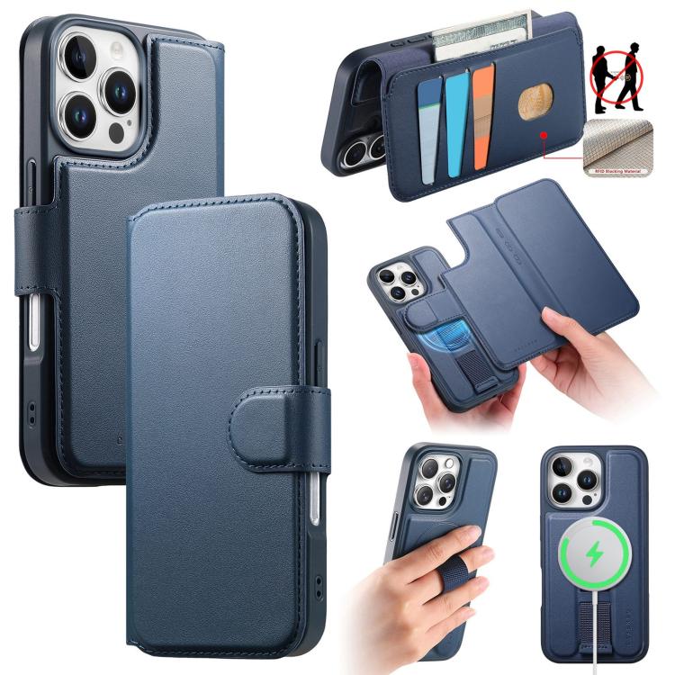 For iPhone 16 Pro Max CaseNeo Finger Grip Strap MagSafe Leather Phone Case(Blue)