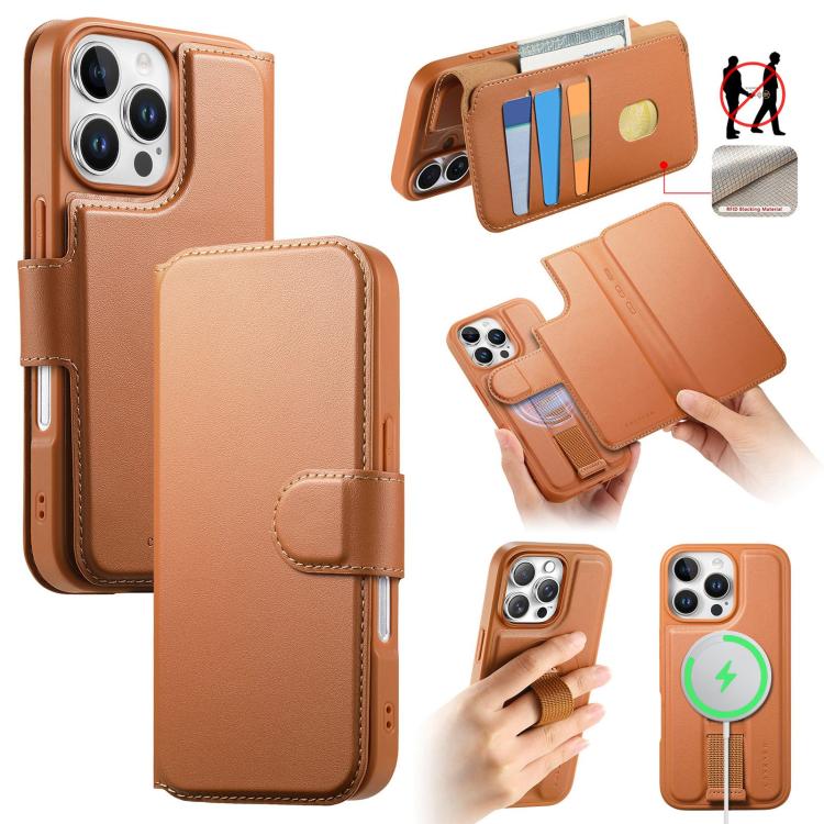 For iPhone 16 Pro CaseNeo Finger Grip Strap MagSafe Leather Phone Case(Brown)