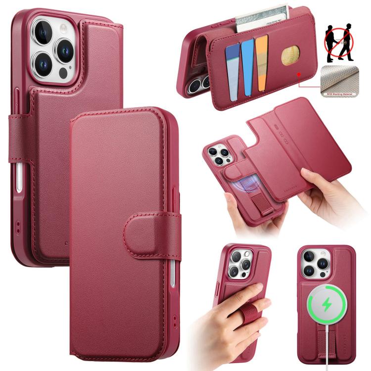 For iPhone 16 Pro CaseNeo Finger Grip Strap MagSafe Leather Phone Case(Red)