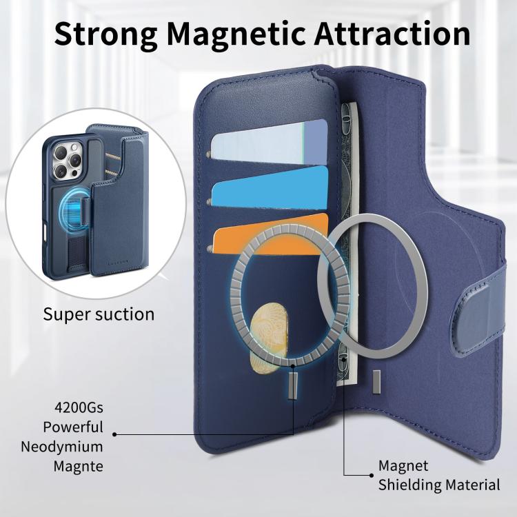 For iPhone 16 Pro CaseNeo Finger Grip Strap MagSafe Leather Phone Case(Blue)