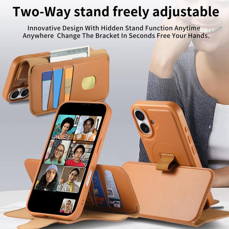 For iPhone 16 Plus CaseNeo Finger Grip Strap MagSafe Leather Phone Case(Brown)