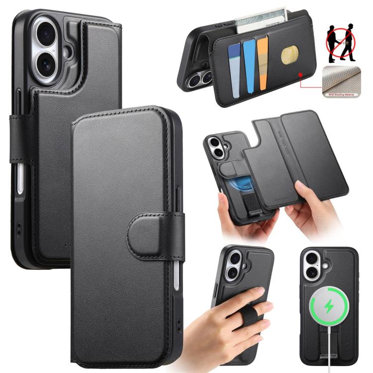For iPhone 16 Plus CaseNeo Finger Grip Strap MagSafe Leather Phone Case(Black)