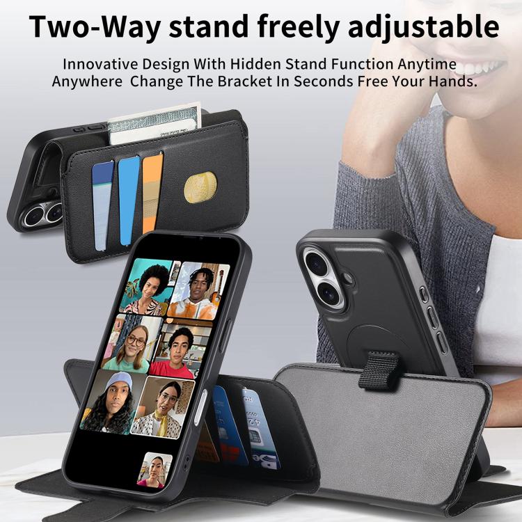 For iPhone 16 Plus CaseNeo Finger Grip Strap MagSafe Leather Phone Case(Black)