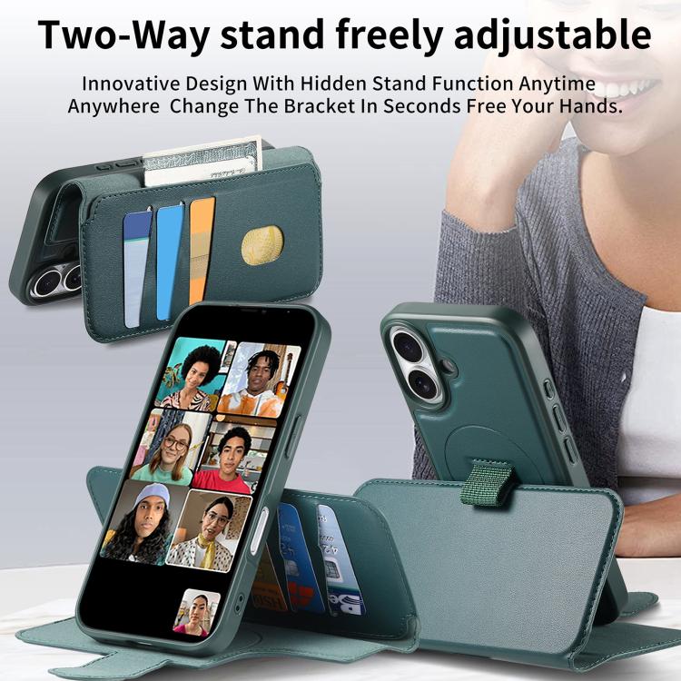 For iPhone 16 Plus CaseNeo Finger Grip Strap MagSafe Leather Phone Case(Green)