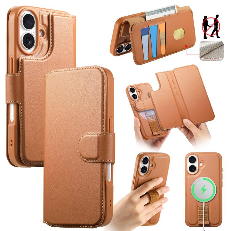 For iPhone 16 CaseNeo Finger Grip Strap MagSafe Leather Phone Case(Brown)