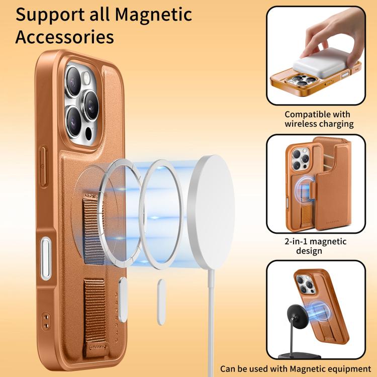For iPhone 16 CaseNeo Finger Grip Strap MagSafe Leather Phone Case(Brown)