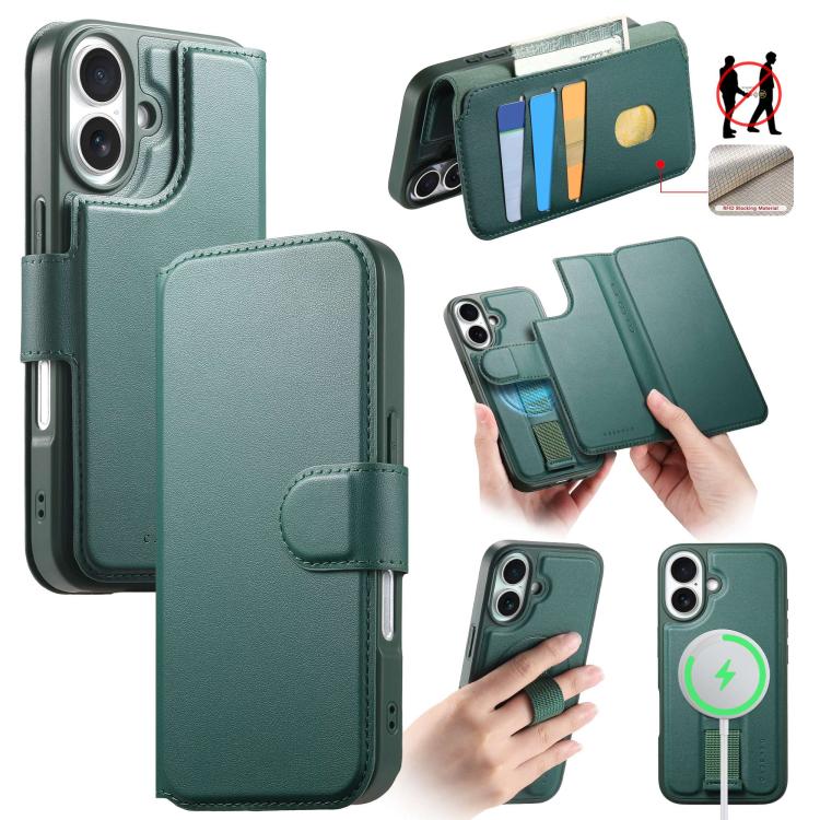 For iPhone 16 CaseNeo Finger Grip Strap MagSafe Leather Phone Case(Green)