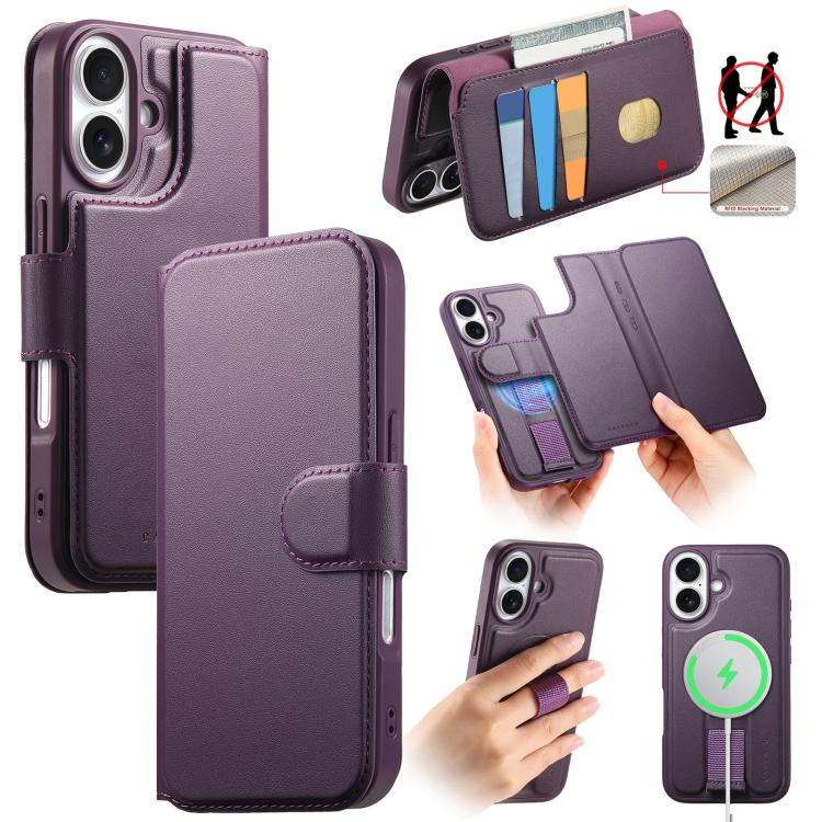 For iPhone 16 CaseNeo Finger Grip Strap MagSafe Leather Phone Case(Purple)