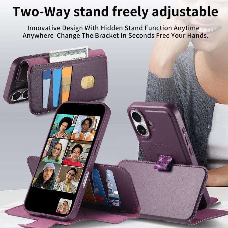For iPhone 16 CaseNeo Finger Grip Strap MagSafe Leather Phone Case(Purple)