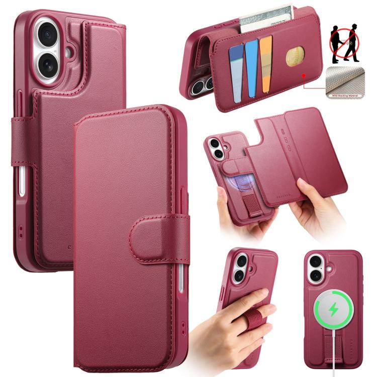 For iPhone 16 CaseNeo Finger Grip Strap MagSafe Leather Phone Case(Red)