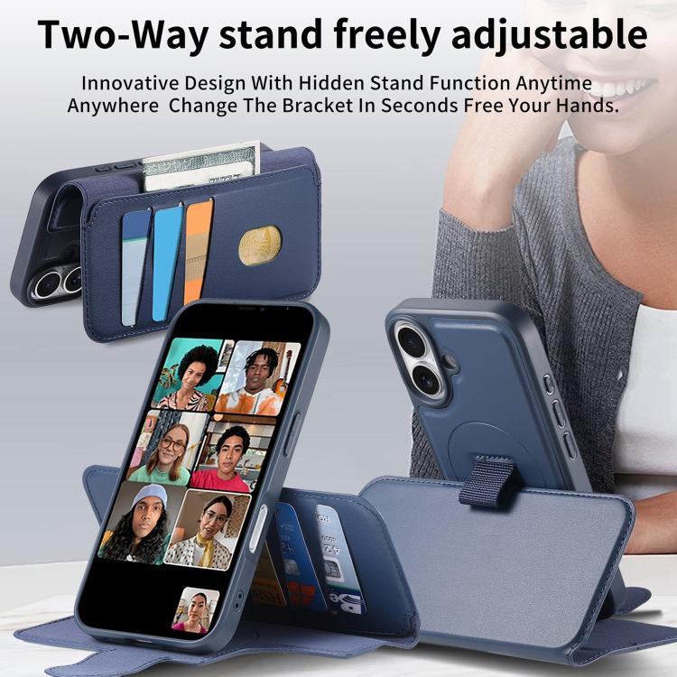 For iPhone 16 CaseNeo Finger Grip Strap MagSafe Leather Phone Case(Blue)