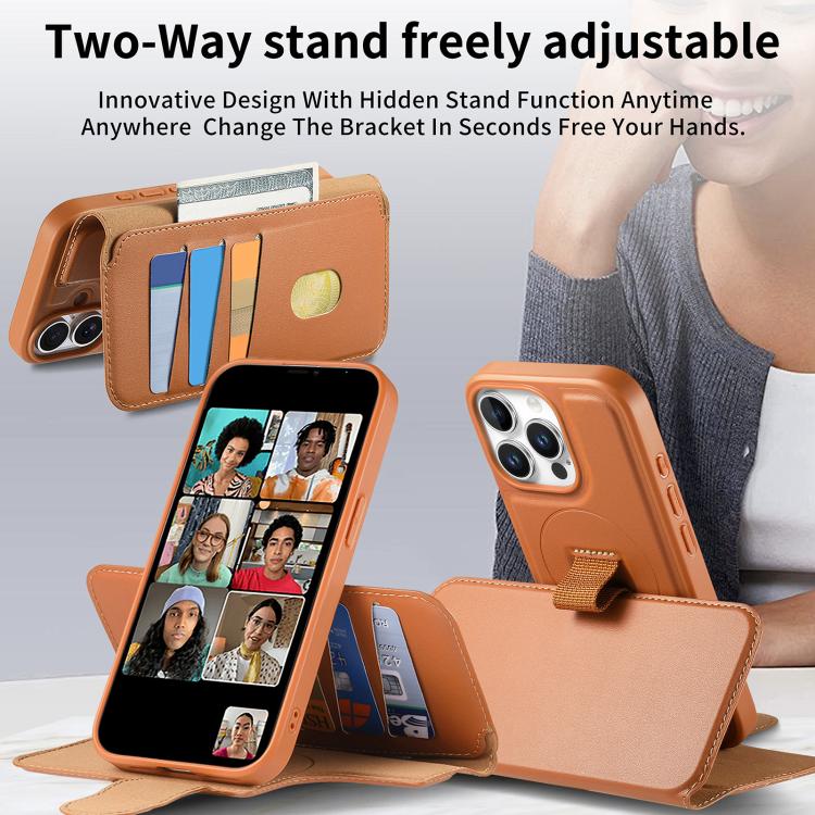 For iPhone 15 Pro CaseNeo Finger Grip Strap MagSafe Leather Phone Case(Brown)