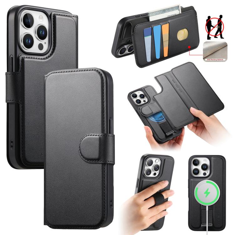 For iPhone 15 Pro CaseNeo Finger Grip Strap MagSafe Leather Phone Case(Black)
