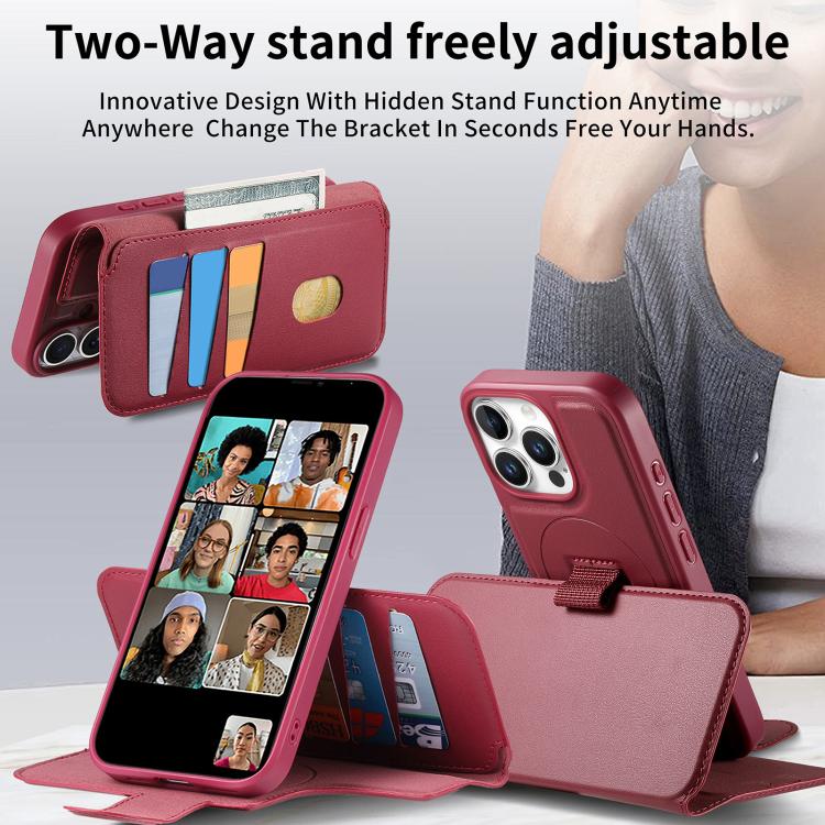 For iPhone 15 Pro CaseNeo Finger Grip Strap MagSafe Leather Phone Case(Red)
