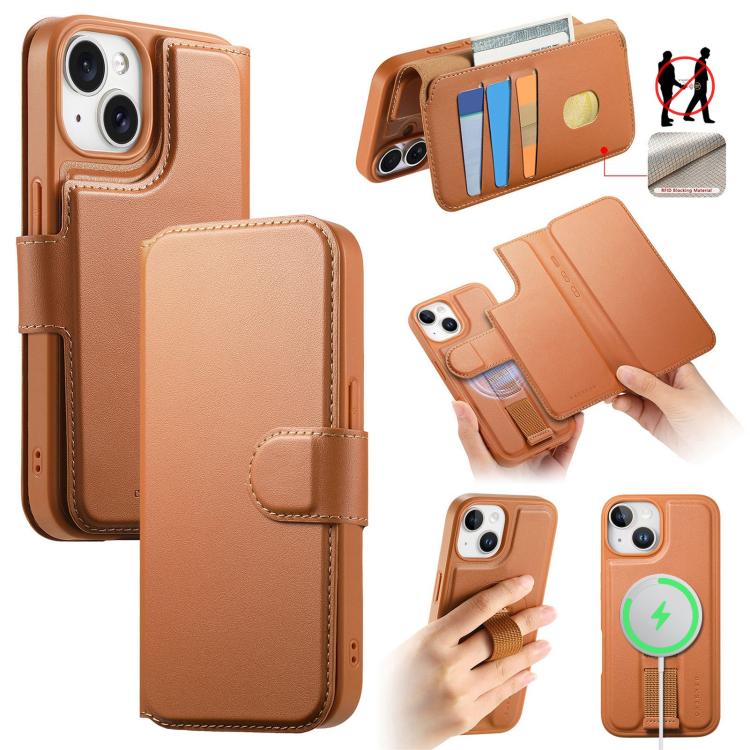 For iPhone 15 Plus / 14 Plus CaseNeo Finger Grip Strap MagSafe Leather Phone Case(Brown)