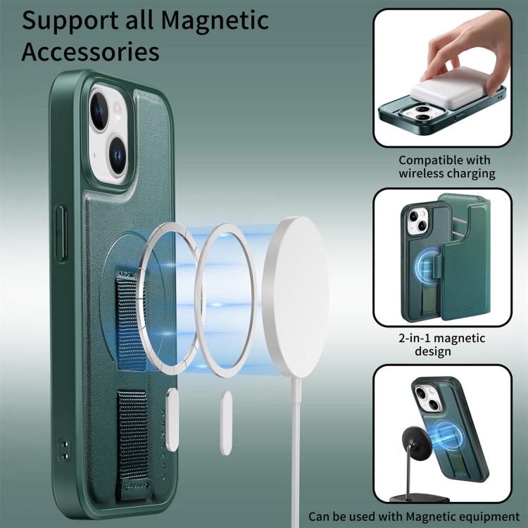 For iPhone 15 Plus / 14 Plus CaseNeo Finger Grip Strap MagSafe Leather Phone Case(Green)