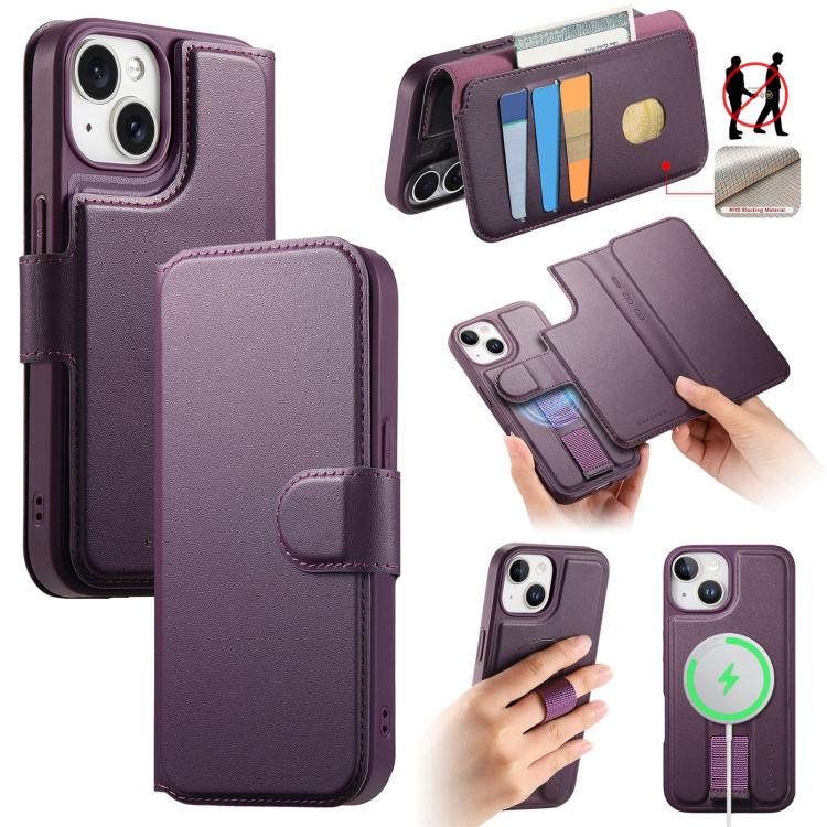 For iPhone 15 Plus / 14 Plus CaseNeo Finger Grip Strap MagSafe Leather Phone Case(Purple)