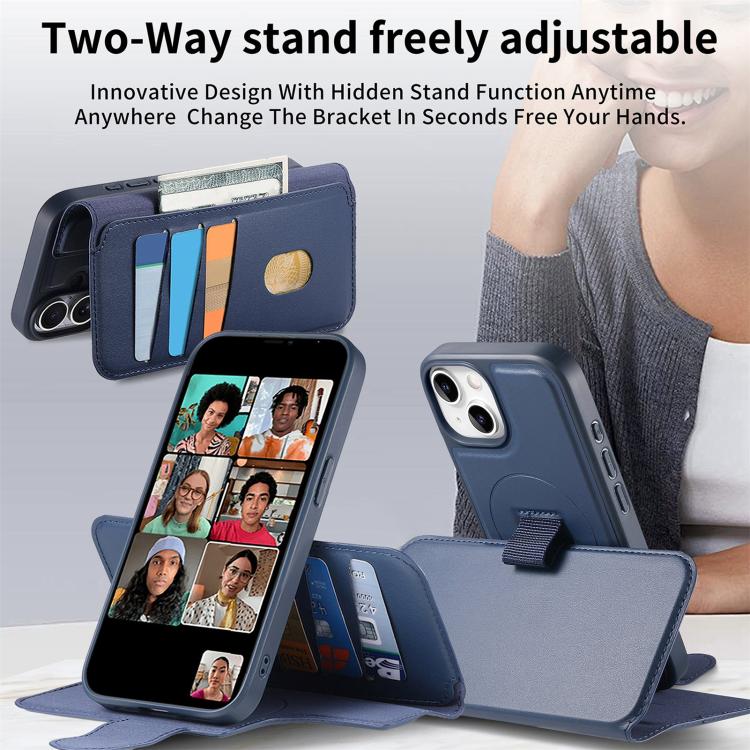 For iPhone 15 Plus / 14 Plus CaseNeo Finger Grip Strap MagSafe Leather Phone Case(Blue)