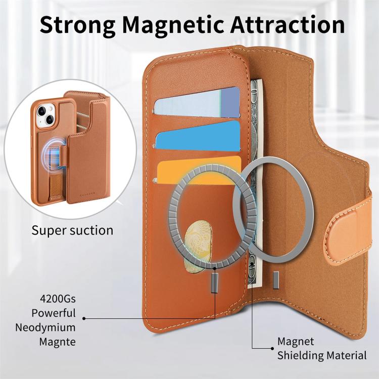 For iPhone 15 CaseNeo Finger Grip Strap MagSafe Leather Phone Case(Brown)