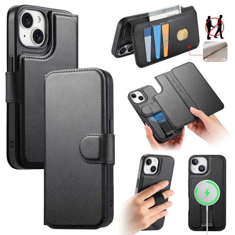 For iPhone 15 CaseNeo Finger Grip Strap MagSafe Leather Phone Case(Black)