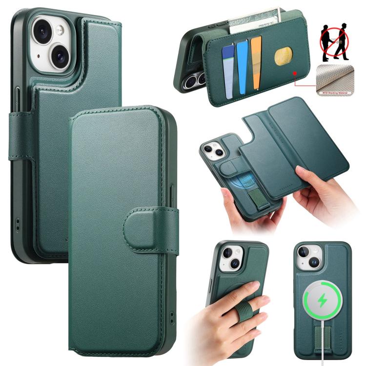 For iPhone 14 / 13 CaseNeo Finger Grip Strap MagSafe Leather Phone Case(Green)