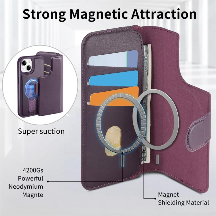 For iPhone 14 / 13 CaseNeo Finger Grip Strap MagSafe Leather Phone Case(Purple)