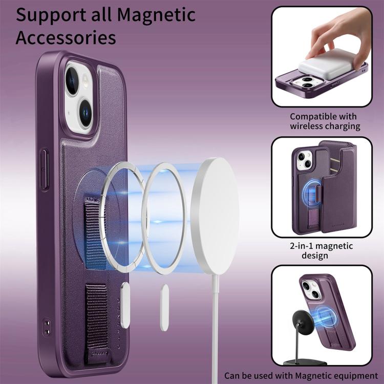 For iPhone 14 / 13 CaseNeo Finger Grip Strap MagSafe Leather Phone Case(Purple)