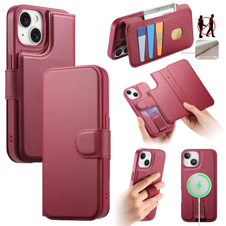 For iPhone 14 / 13 CaseNeo Finger Grip Strap MagSafe Leather Phone Case(Red)