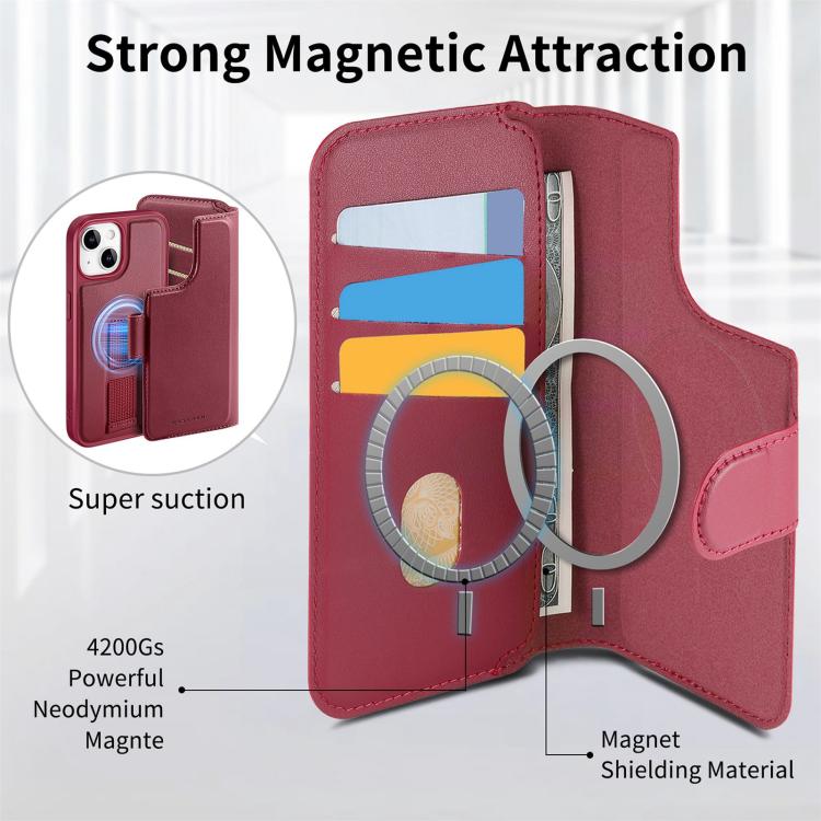 For iPhone 14 / 13 CaseNeo Finger Grip Strap MagSafe Leather Phone Case(Red)