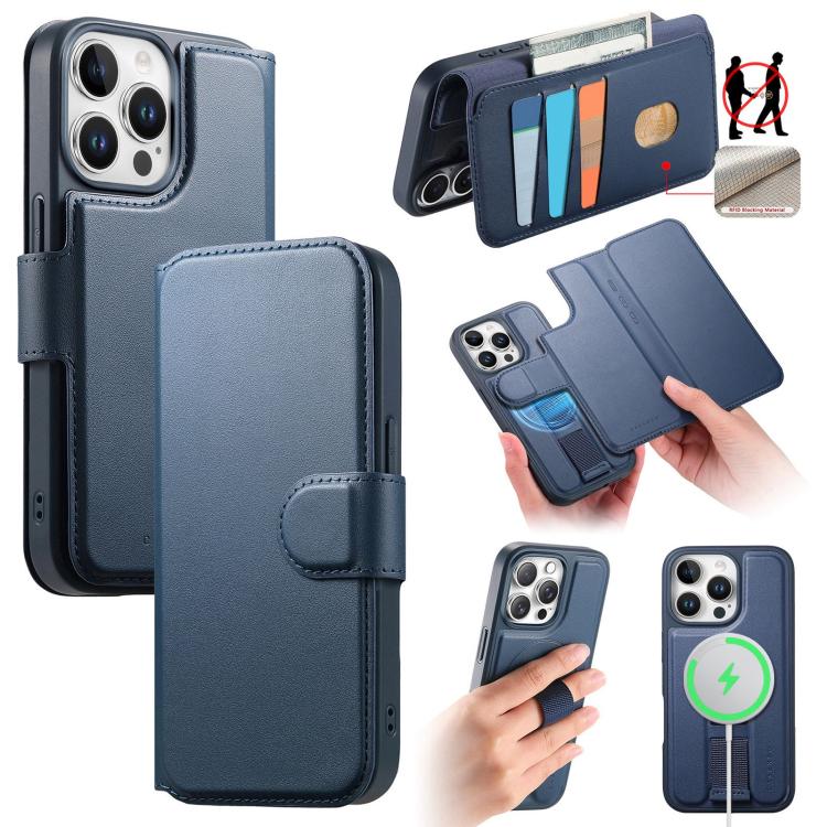 For iPhone 14 Pro CaseNeo Finger Grip Strap MagSafe Leather Phone Case(Blue)