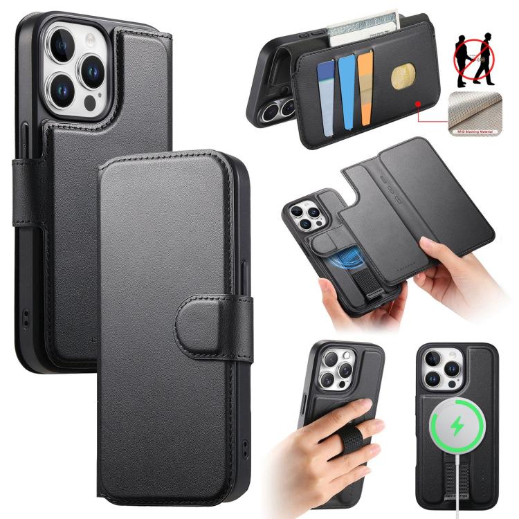 For iPhone 14 Pro Max CaseNeo Finger Grip Strap MagSafe Leather Phone Case(Black)