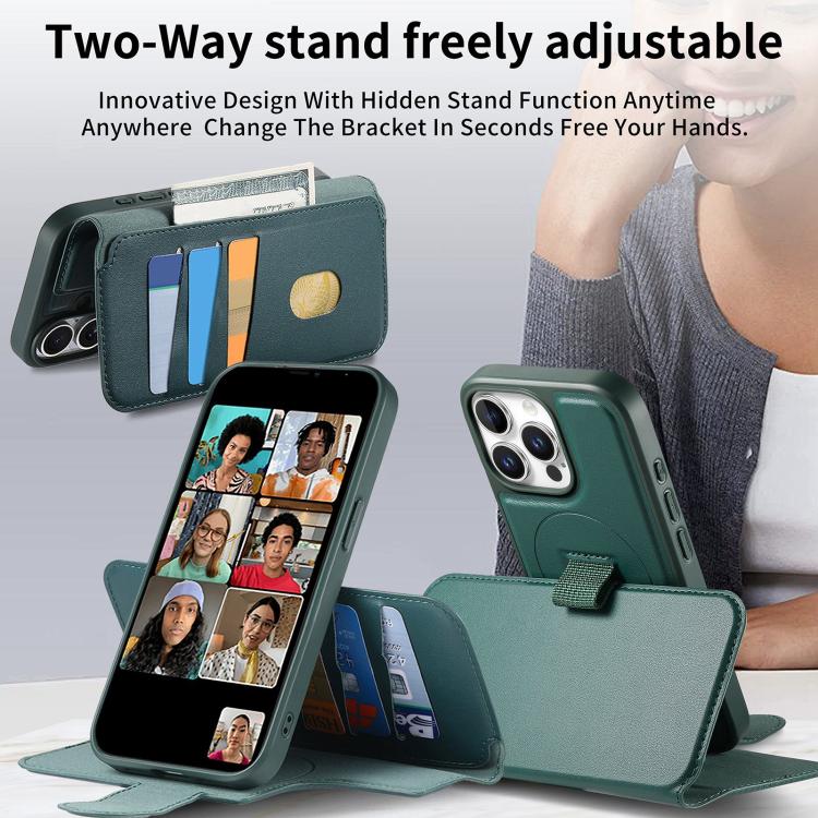 For iPhone 14 Pro Max CaseNeo Finger Grip Strap MagSafe Leather Phone Case(Green)