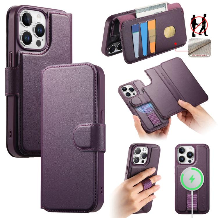For iPhone 14 Pro Max CaseNeo Finger Grip Strap MagSafe Leather Phone Case(Purple)