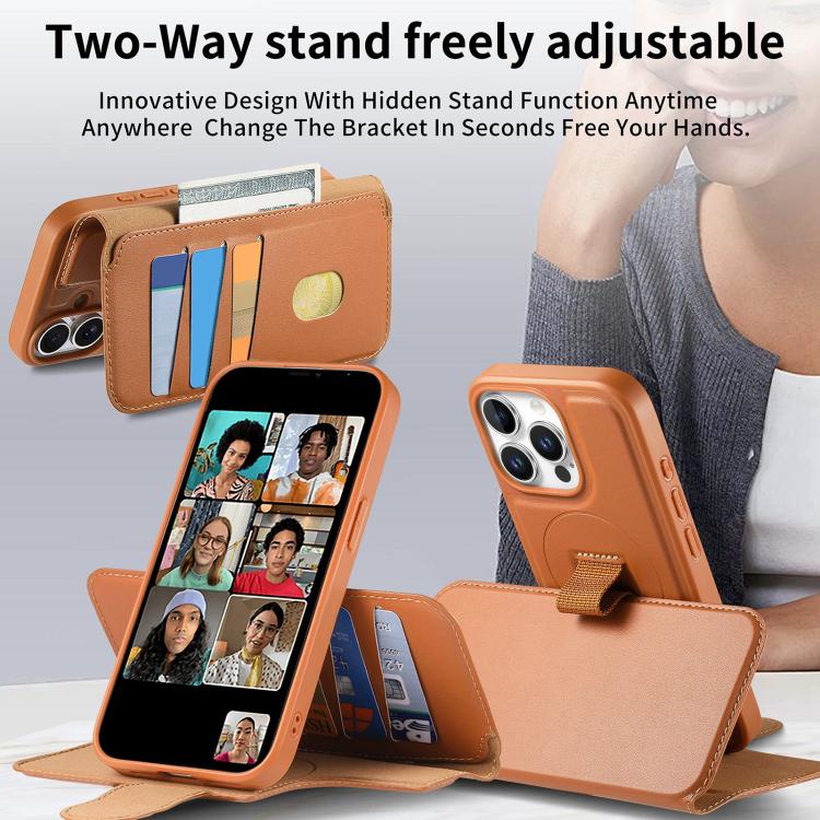 For iPhone 13 Pro Max CaseNeo Finger Grip Strap MagSafe Leather Phone Case(Brown)