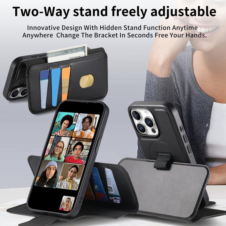 For iPhone 13 Pro Max CaseNeo Finger Grip Strap MagSafe Leather Phone Case(Black)