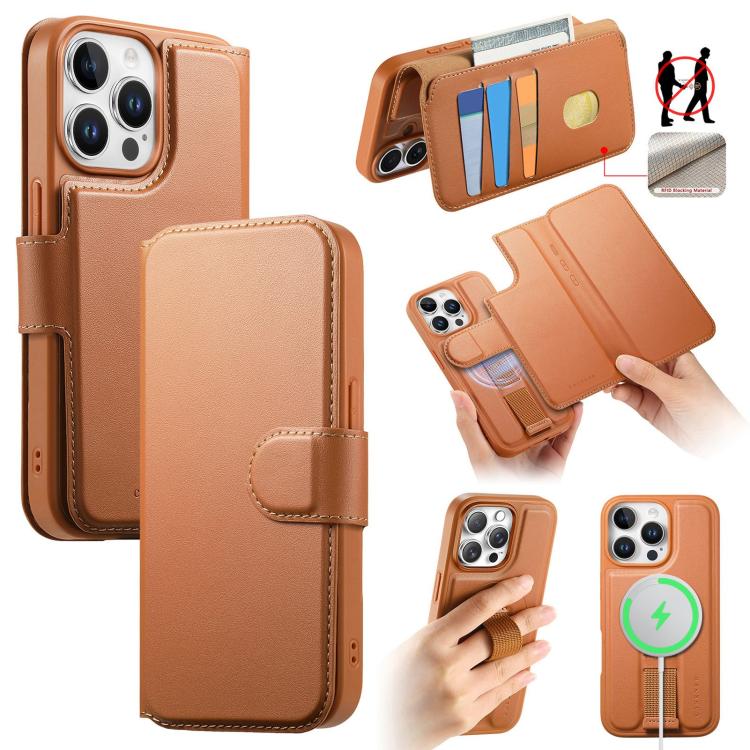 For iPhone 12 Pro Max CaseNeo Finger Grip Strap MagSafe Leather Phone Case(Brown)