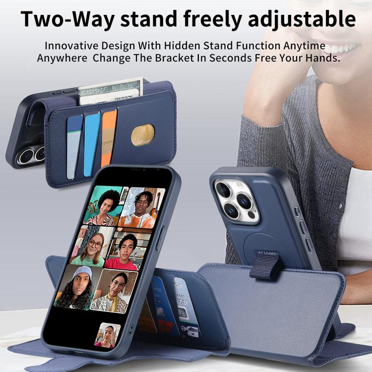 For iPhone 12 Pro Max CaseNeo Finger Grip Strap MagSafe Leather Phone Case(Blue)