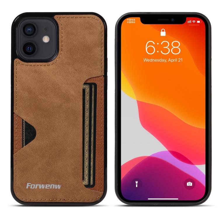 For iPhone 12 Forwenw F5 Series Integrated Card Bag Phone Case(Brown)