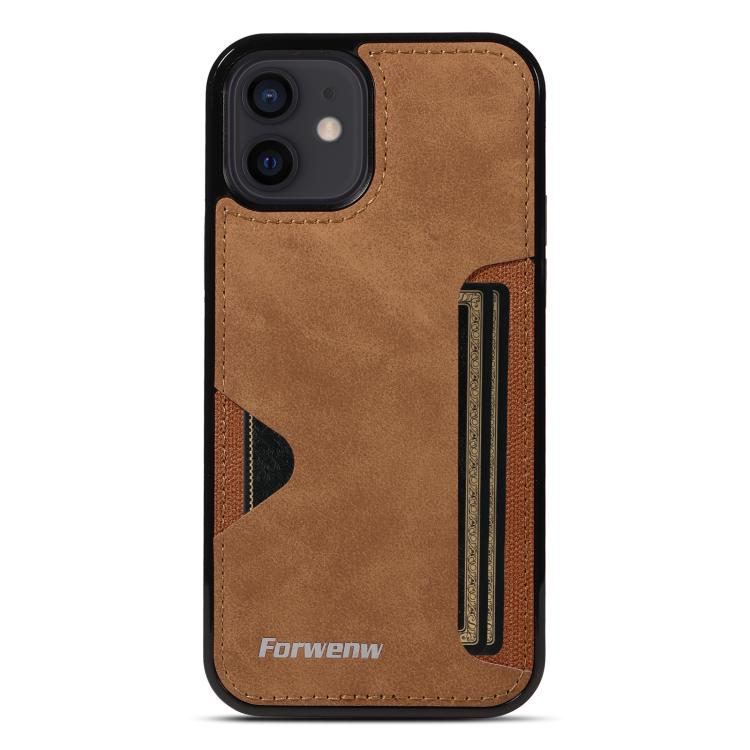 For iPhone 12 Forwenw F5 Series Integrated Card Bag Phone Case(Brown)