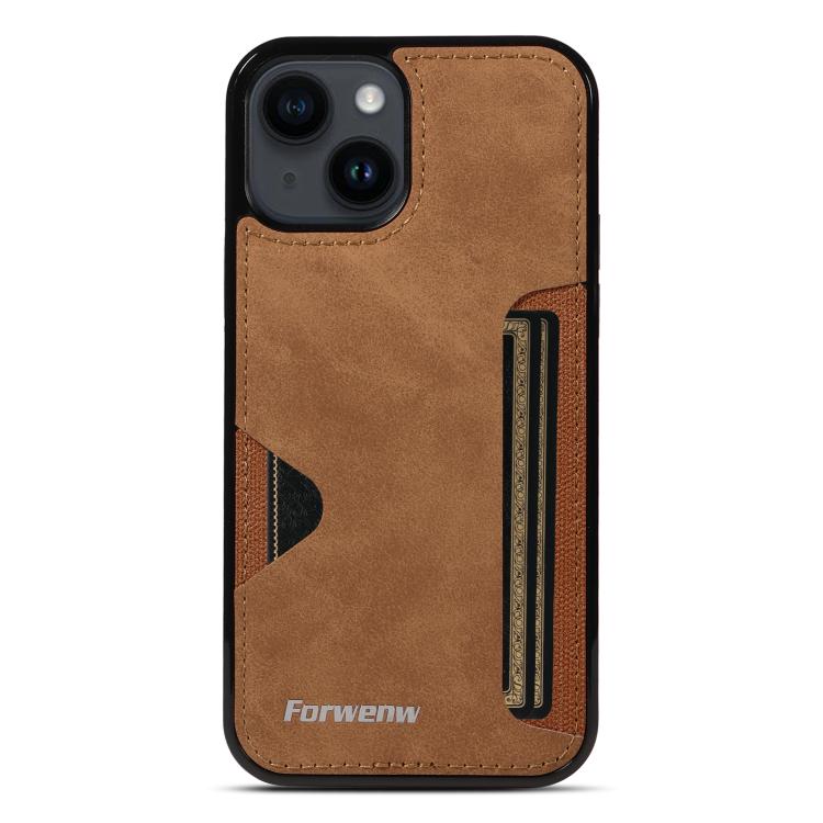For iPhone 14 Forwenw F5 Series Integrated Card Bag Phone Case(Brown)