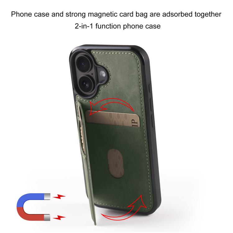 For iPhone 16 Forwenw F8 Series 2 in 1 Magnetic Card Slot Leather Phone Case(Green)