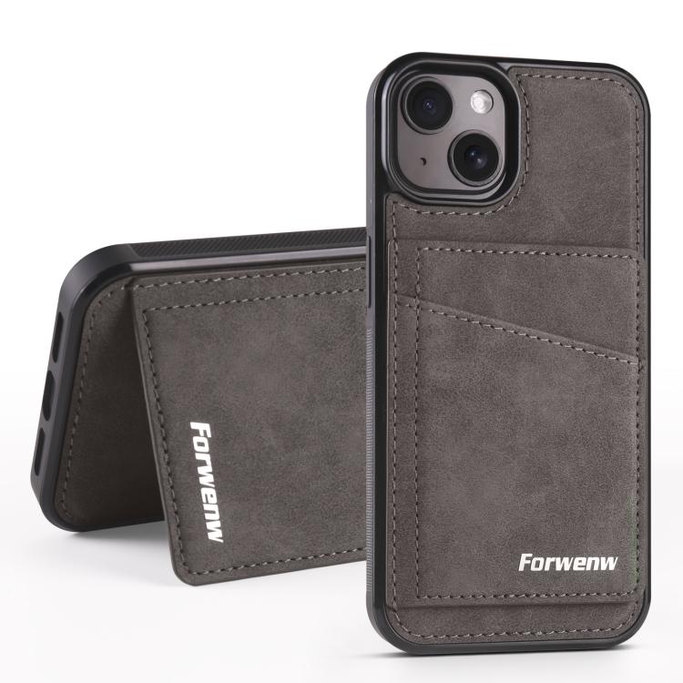 For iPhone 15 Forwenw F8 Series 2 in 1 Magnetic Card Slot Leather Phone Case(Grey)