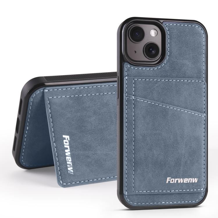 For iPhone 14 Plus Forwenw F8 Series 2 in 1 Magnetic Card Slot Leather Phone Case(Blue)