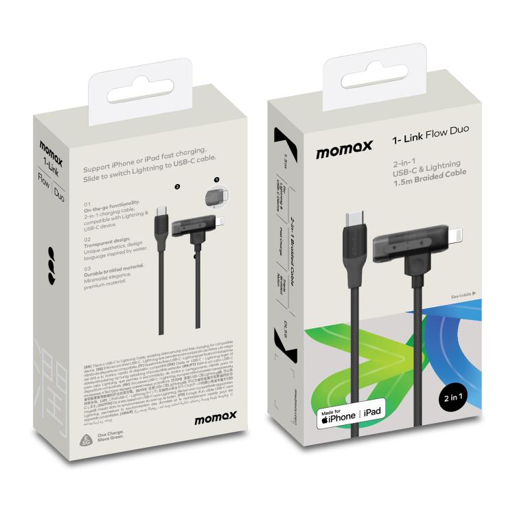 MOMAX DL56 1-Link Flow 60W Type-C to Type-C and 8 Pin Fast Charging Cable, Length:1.5m(Black)