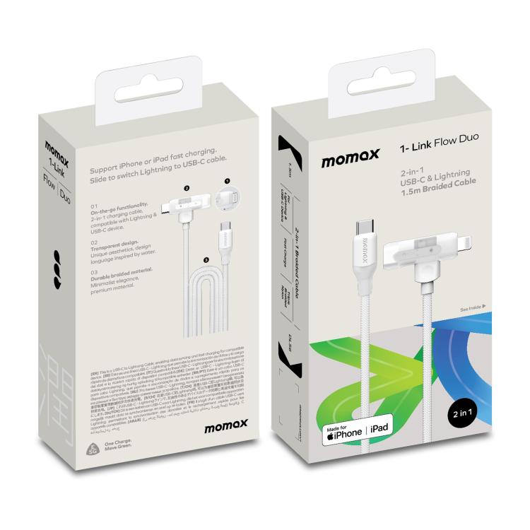 MOMAX DL56 1-Link Flow 60W Type-C to Type-C and 8 Pin Fast Charging Cable, Length:1.5m(White)